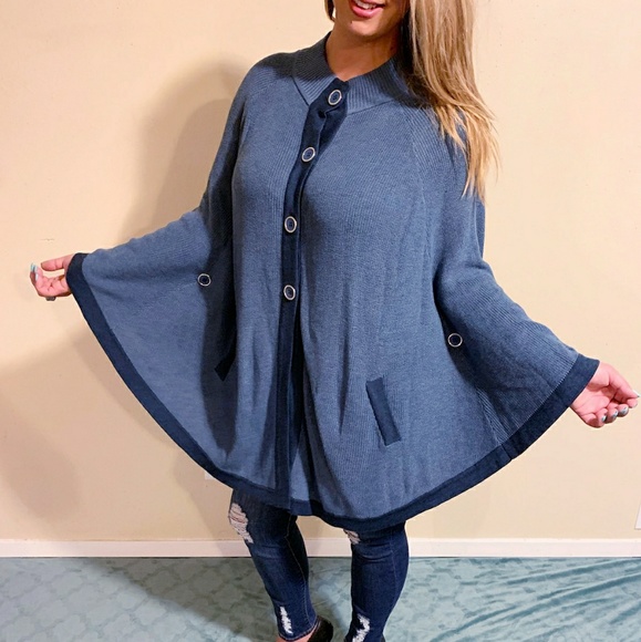 Laurie Felt Jackets & Blazers - Cozy Knit Blue Grey Cape Pancho NWOT